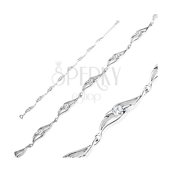 925 silver bracelet, rounded links with cutouts, round clear zircons