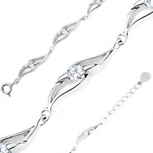 925 silver bracelet, rounded links with cutouts, round clear zircons