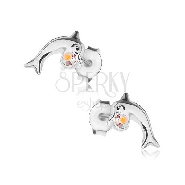 Earrings made of 925 silver, small dolphin with round zircon in rainbow colours