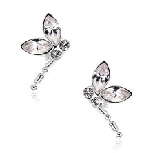 925 silver earrings, flying dragonfly, clear Swarovski crystals, dangling tail