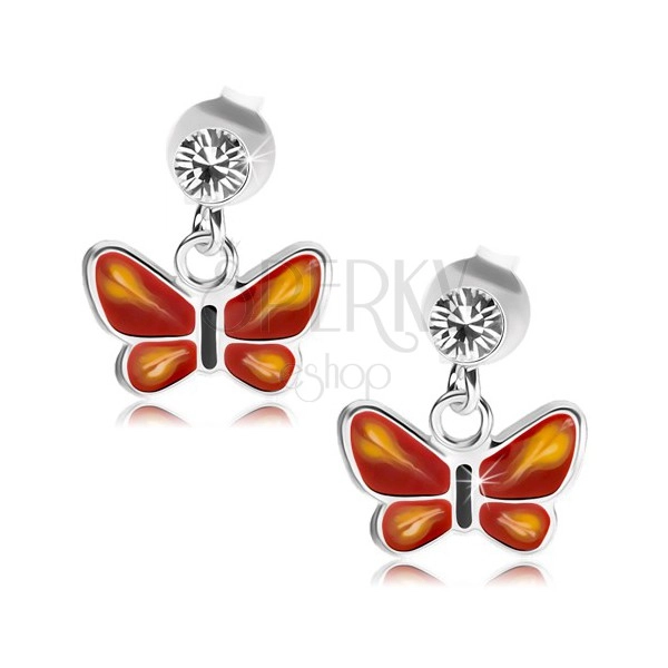 925 silver earrings, clear Swarovski crystal, red and yellow butterfly