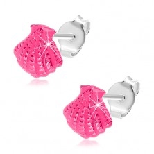 Earrings made of 925 silver, seashell adorned with grooves and pink glaze
