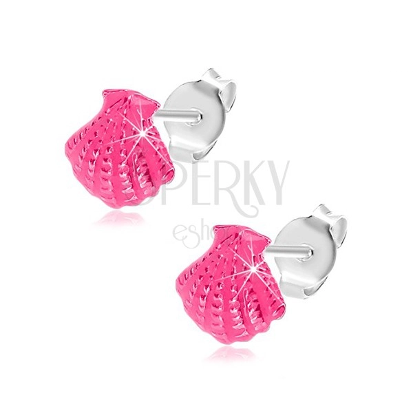 Earrings made of 925 silver, seashell adorned with grooves and pink glaze