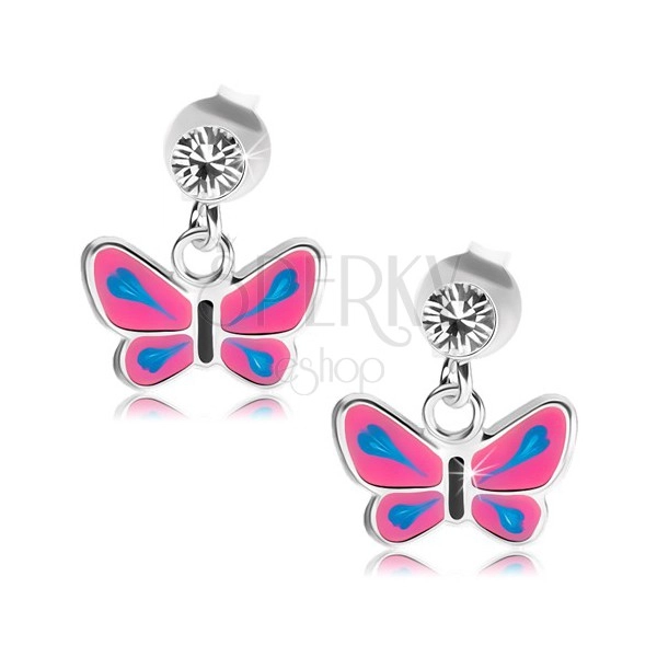 Earrings made of 925 silver, clear crystal, butterfly with pink wings, blue teardrops