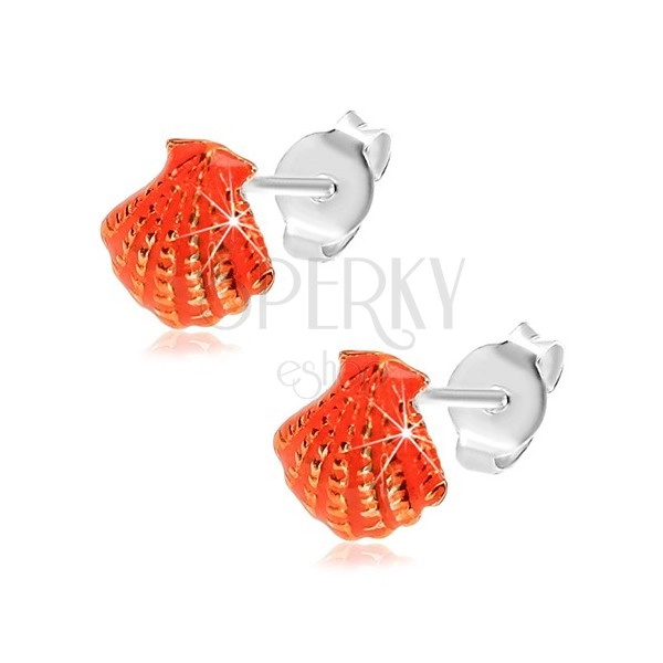 Earrings made of 925 silver, orange glazed seashell with grooves