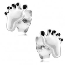 925 silver earrings, white imprint of foot with black toes