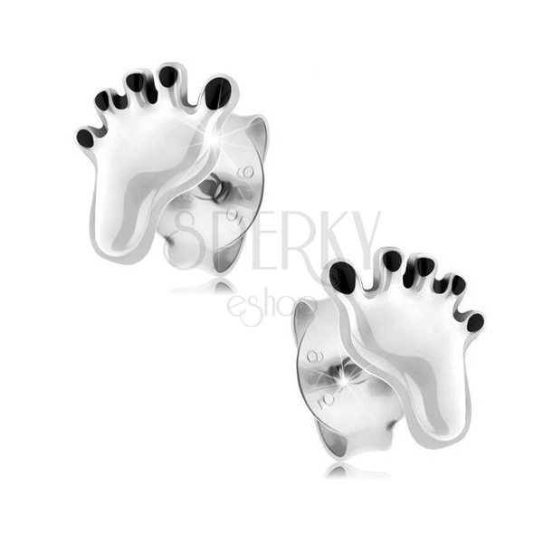 925 silver earrings, white imprint of foot with black toes