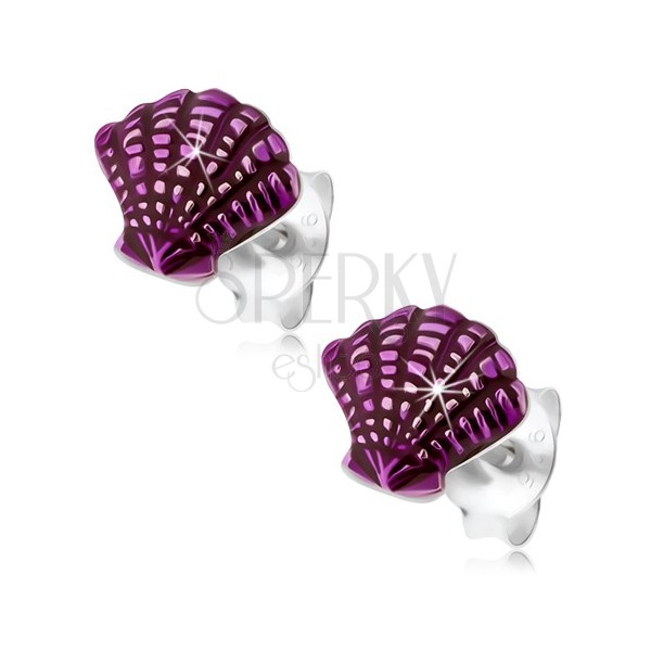 925 silver earrings, shell embellished with grooves and violet glaze
