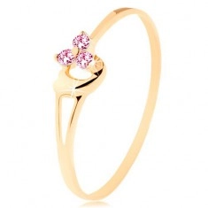 Ring made of yellow 14K gold - three pink zircons, asymmetrical convex heart