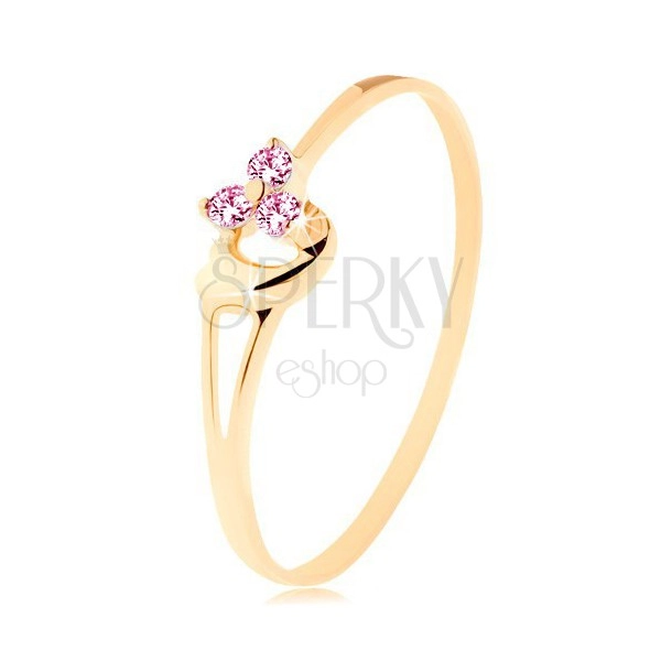 Ring made of yellow 14K gold - three pink zircons, asymmetrical convex heart