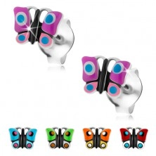 Stud earrings, 925 silver, coloured glazed butterfly