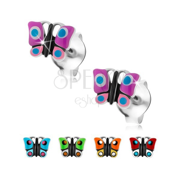 Stud earrings, 925 silver, coloured glazed butterfly