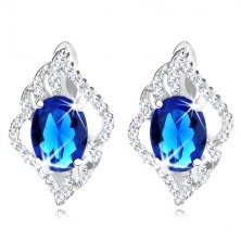 925 silver earrings, outline of clear leaf, dark blue oval zircon