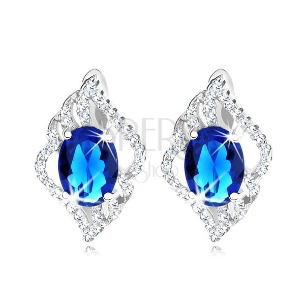 925 silver earrings, outline of clear leaf, dark blue oval zircon
