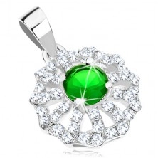 Pendant made of 925 silver, flower - clear zircon petals and green centre