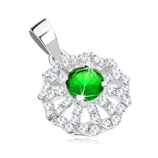 Pendant made of 925 silver, flower - clear zircon petals and green centre