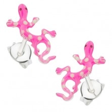 925 silver earrings, dotted lizard, dark pink and white enamel