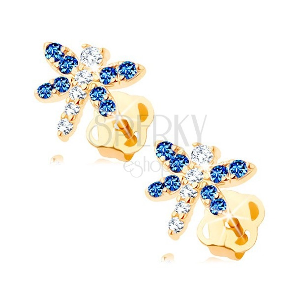 Earrings, yellow 14K gold - sparkly butterfly comprised of clear and blue zircons