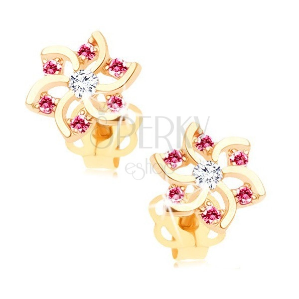 Earrings in yellow 14K gold - flower with cutouts and zircons in pink and clear colour