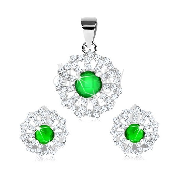 Set of pendant and earrings, 925 silver, clear zircon petals and green centre