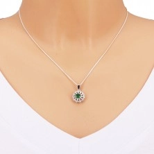 Set of pendant and earrings, 925 silver, clear zircon petals and green centre