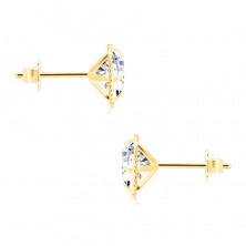 Stud earrings in yellow 14K gold - notched hoop, clear zircon