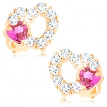 Earrings made of 14K gold - heart contour with clear zircons and pink heart
