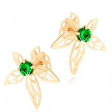 Earrings made of yellow 14K gold - flower adorned with green zircon and cut-outs