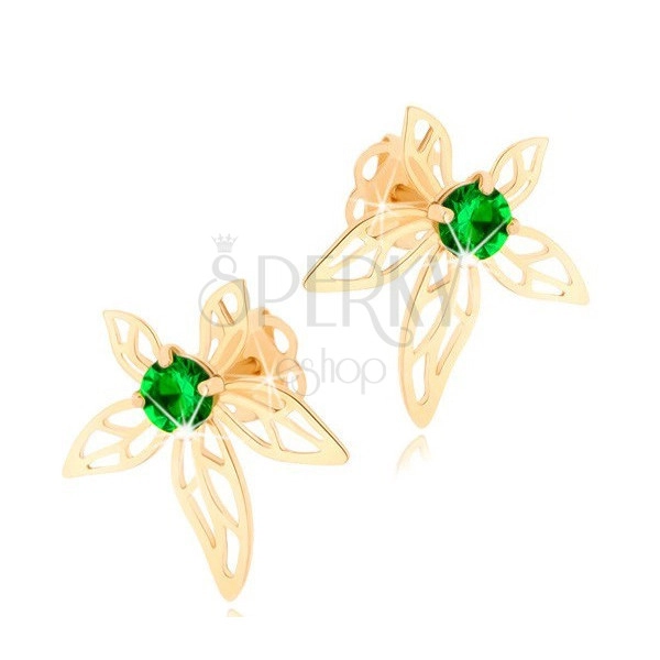 Earrings made of yellow 14K gold - flower adorned with green zircon and cut-outs
