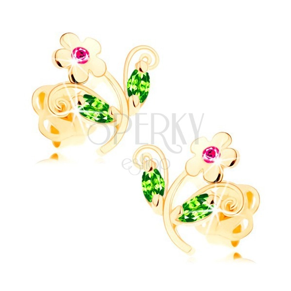 585 gold earrings - sparkly colourful flower, pink and green zircons