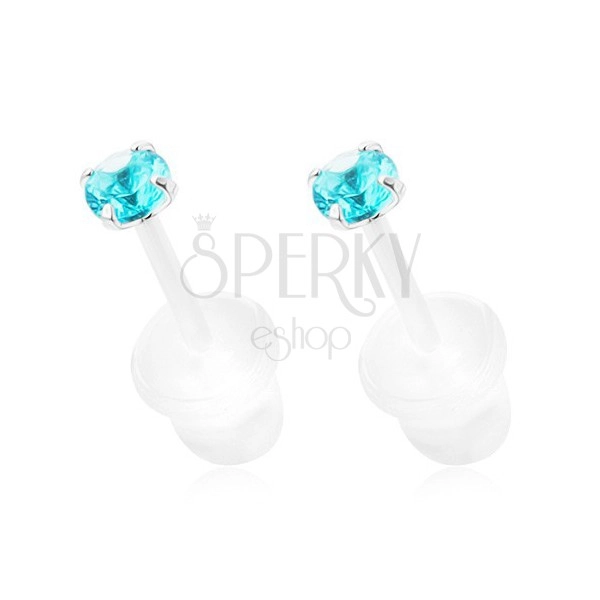 925 silver earrings, round zircons in aquamarine colour, 2,5 mm