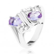 Ring in silver shade, zircons in clear and light violet colour, double spiral
