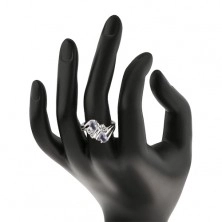 Ring in silver shade, zircons in clear and light violet colour, double spiral