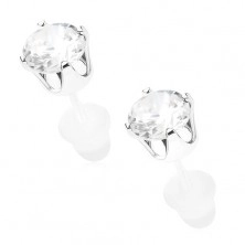 Stud earrings made of 925 silver, clear round zircon in shiny mount, 5 mm