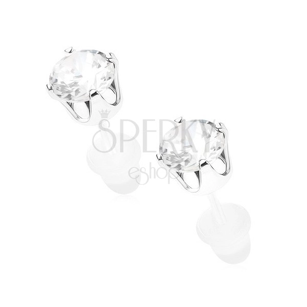 Stud earrings made of 925 silver, clear round zircon in shiny mount, 5 mm
