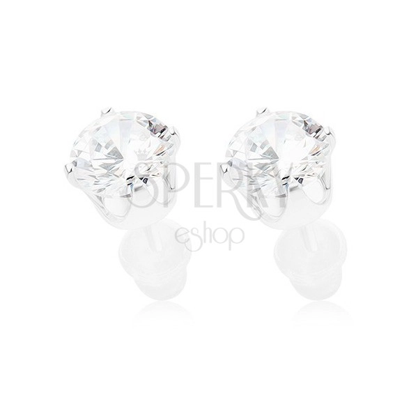Earrings made of 925 silver, clear round zircon in mount, 6 mm