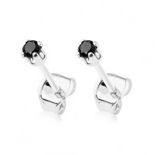 Earrings made of 925 silver, black round zircon in glossy mount, 2mm