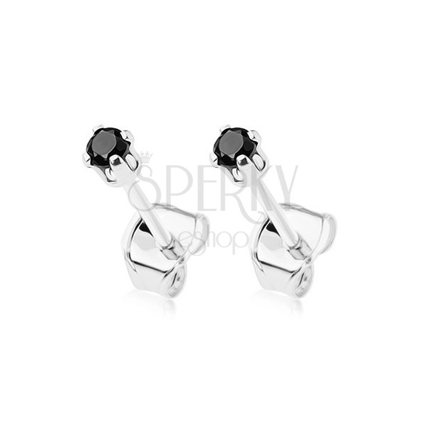 Earrings made of 925 silver, black round zircon in glossy mount, 2mm