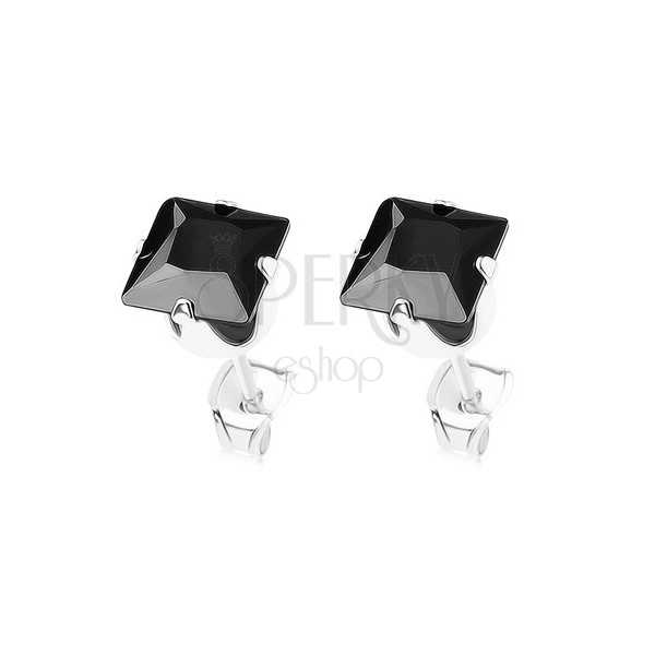 Stud earrings, 925 silver, zircon square in black colour, 6 mm
