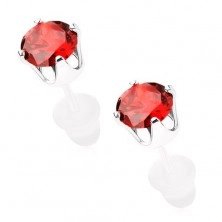925 silver earrings with stud fastening, red round zircon, 5 mm