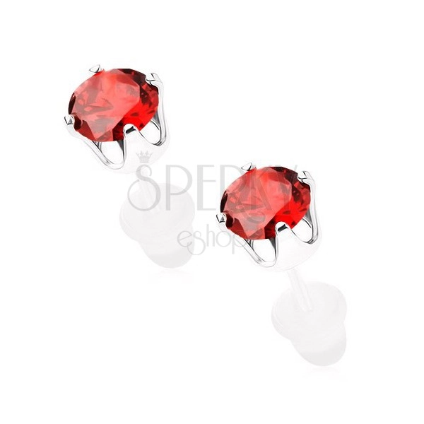 925 silver earrings with stud fastening, red round zircon, 5 mm