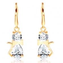 Earrings made of yellow 14K gold - clear zircon cat with bow on neck