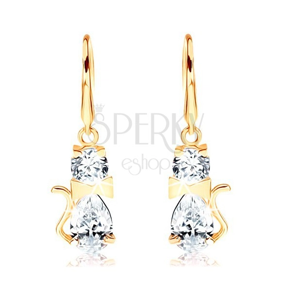 Earrings made of yellow 14K gold - clear zircon cat with bow on neck