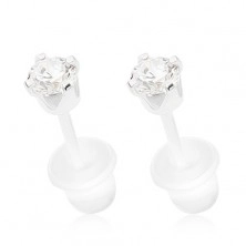 Stud earrings made of 925 silver, clear round zircon in mount, 3 mm