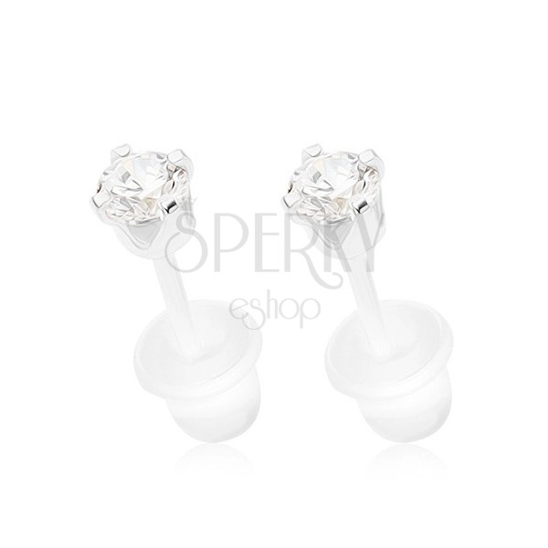 Stud earrings made of 925 silver, clear round zircon in mount, 3 mm