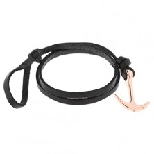 Black triple wrap leather bracelet, shiny anchor