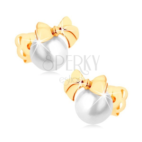 Stud earrings made of yellow 14K gold - shiny bow, round white pearl