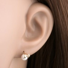 Stud earrings made of yellow 14K gold - shiny bow, round white pearl