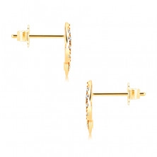 Earrings made of yellow 14K gold - shimmering leaf adorned with clear zircons