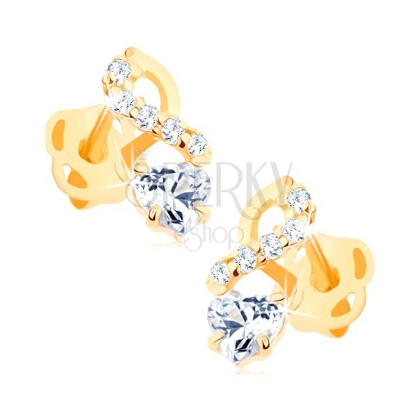 Earrings made of yellow 14K gold - smooth and zircon wave, clear heart